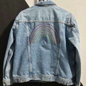 Old Navy Rainbow Embroidered Boyfriend Fit Denim Jean Jacket Women's M